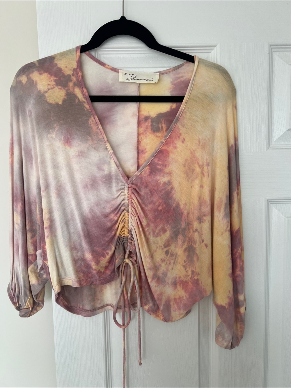 Vintage Havana Women's Tie-Dye V-Neck Drawstring Top in Pink & Yellow